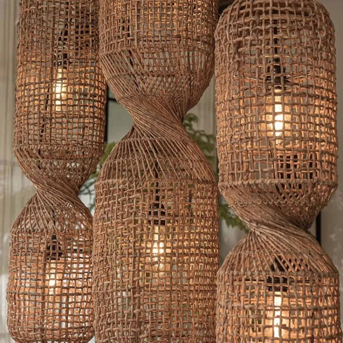 Pendant Lamp Bohemian Woven Rattan with Twisted Hourglass Shape