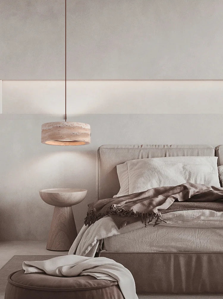 Pendant Lamp Minimalist Travertine Stone Drum Shade with Adjustable Cord
