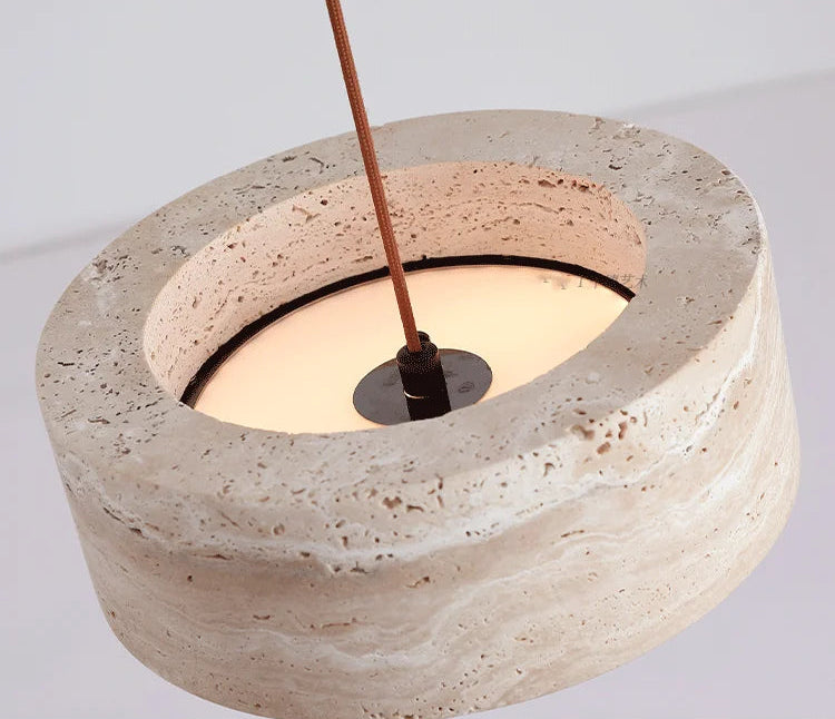 Pendant Lamp Minimalist Travertine Stone Drum Shade with Adjustable Cord