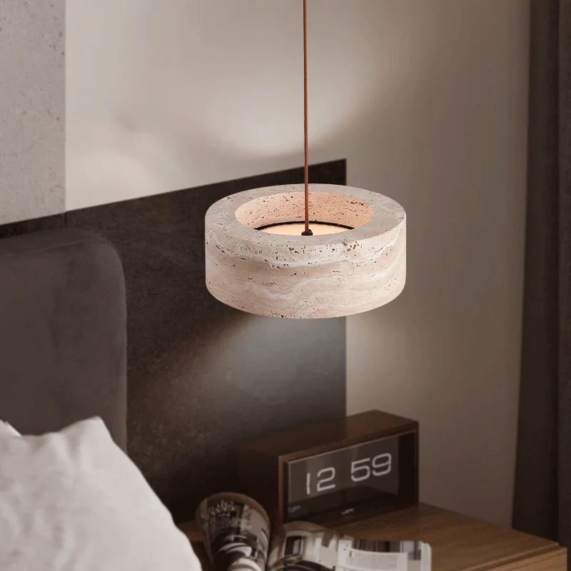Pendant Lamp Minimalist Travertine Stone Drum Shade with Adjustable Cord