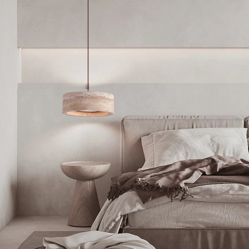 Pendant Lamp Minimalist Travertine Stone Drum Shade with Adjustable Cord