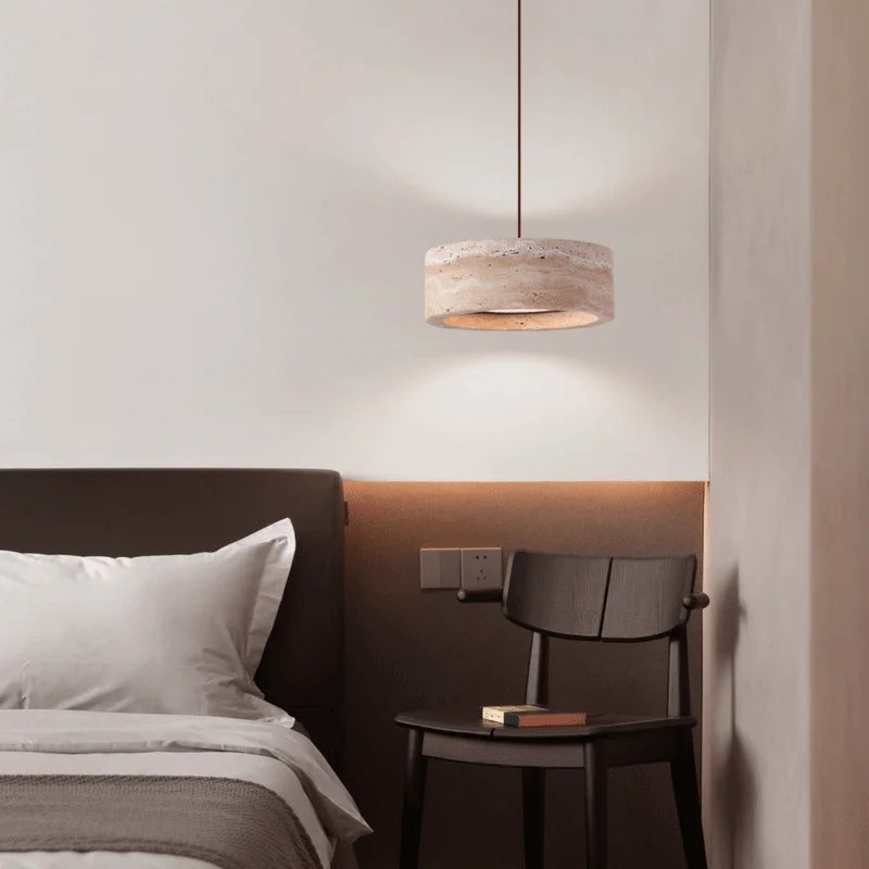 Pendant Lamp Minimalist Travertine Stone Drum Shade with Adjustable Cord