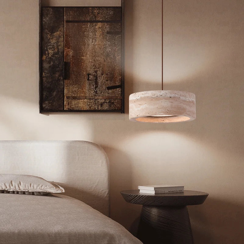 Pendant Lamp Minimalist Travertine Stone Drum Shade with Adjustable Cord
