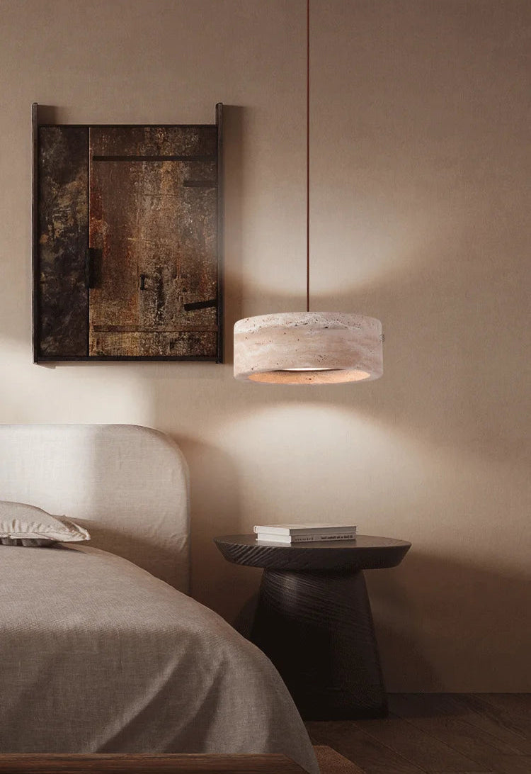 Pendant Lamp Minimalist Travertine Stone Drum Shade with Adjustable Cord
