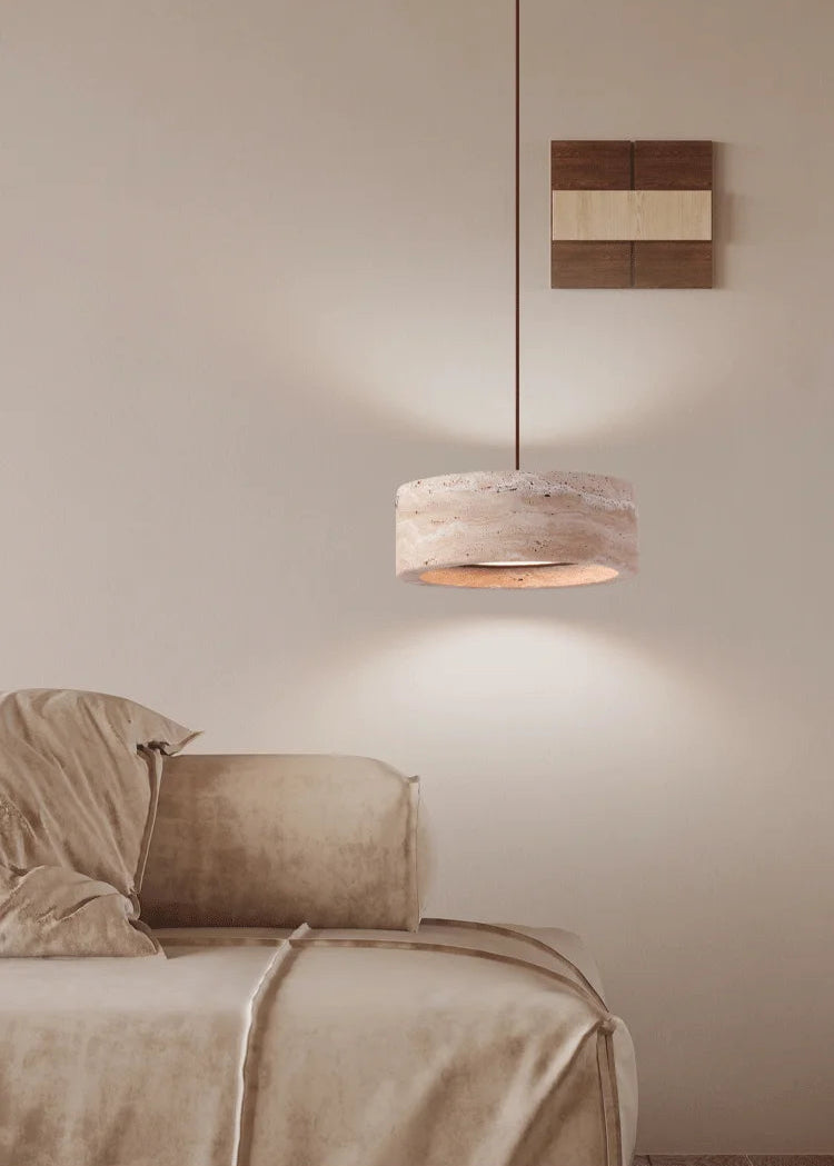 Pendant Lamp Minimalist Travertine Stone Drum Shade with Adjustable Cord