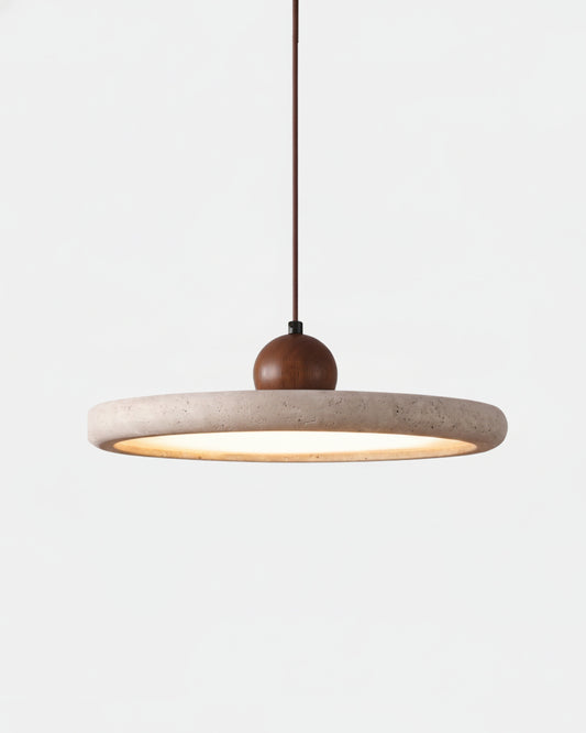 Pendant Lamp Minimalist with Round Travertine Shade and Wood Detail