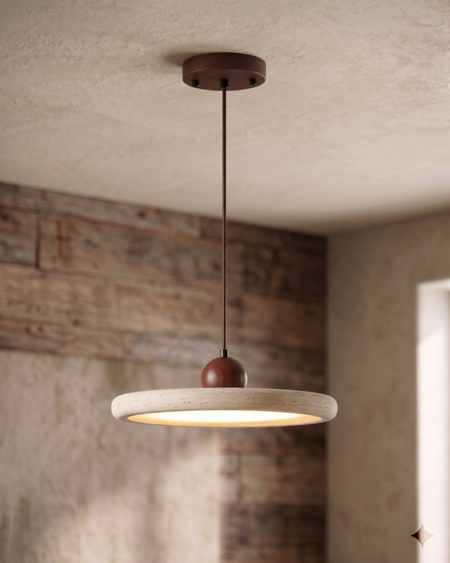 Pendant Lamp Minimalist with Round Travertine Shade and Wood Detail