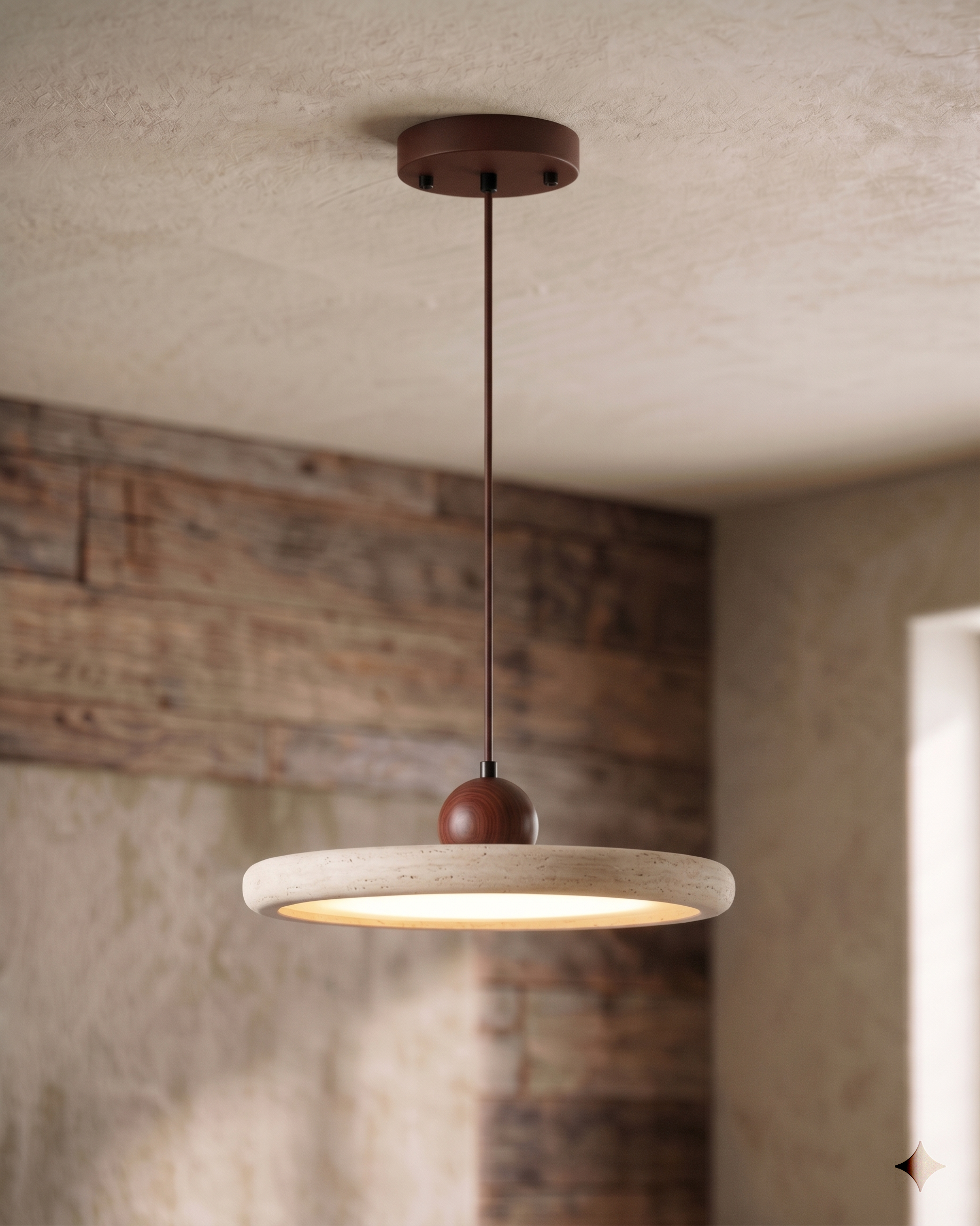 Pendant Lamp Minimalist with Round Travertine Shade and Wood Detail