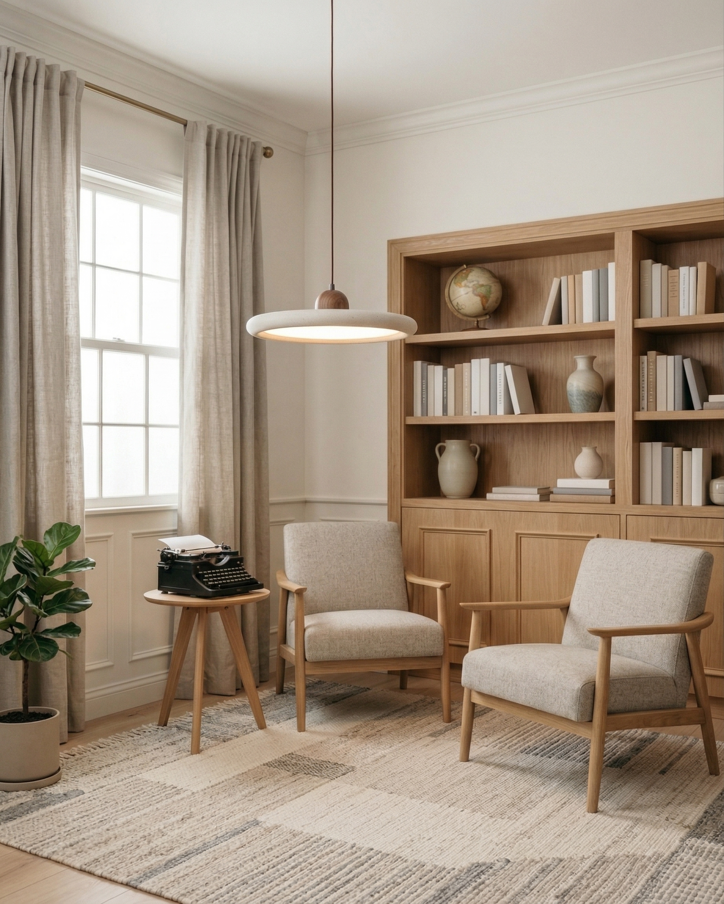 Pendant Lamp Minimalist with Round Travertine Shade and Wood Detail