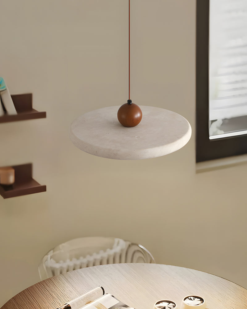 Pendant Lamp Minimalist with Round Travertine Shade and Wood Detail