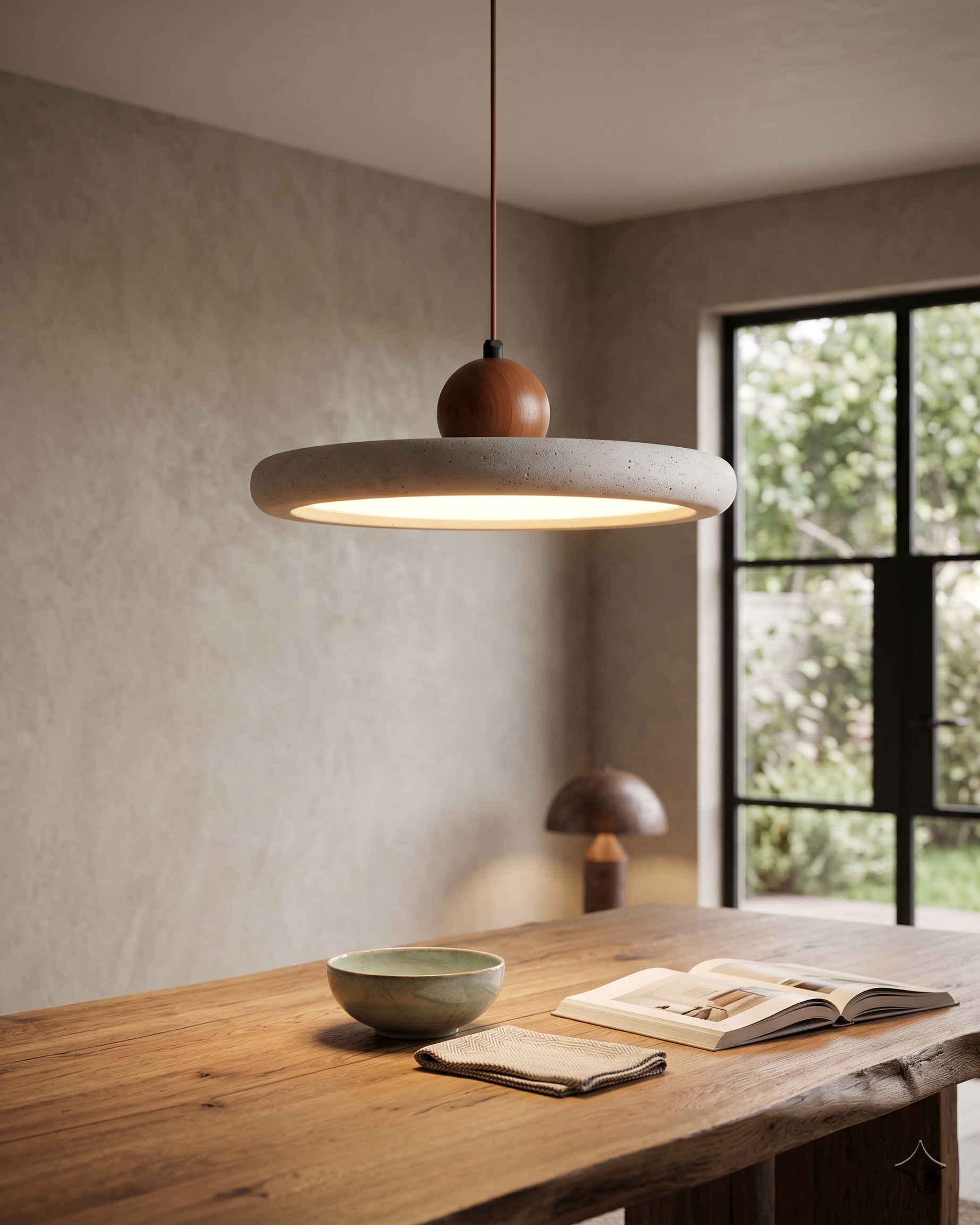 Pendant Lamp Minimalist with Round Travertine Shade and Wood Detail
