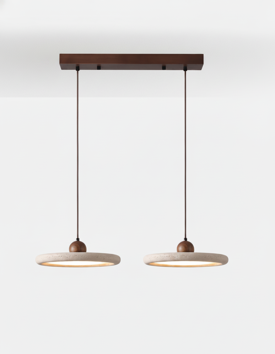 Pendant Lamp Minimalist with Round Travertine Shade and Wood Detail