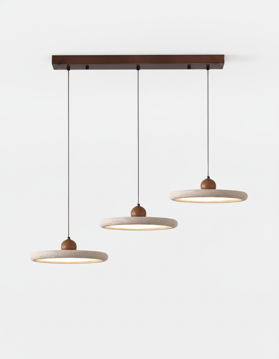 Pendant Lamp Minimalist with Round Travertine Shade and Wood Detail