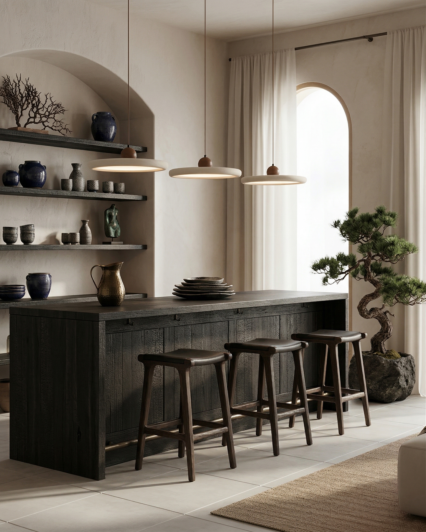Pendant Lamp Minimalist with Round Travertine Shade and Wood Detail