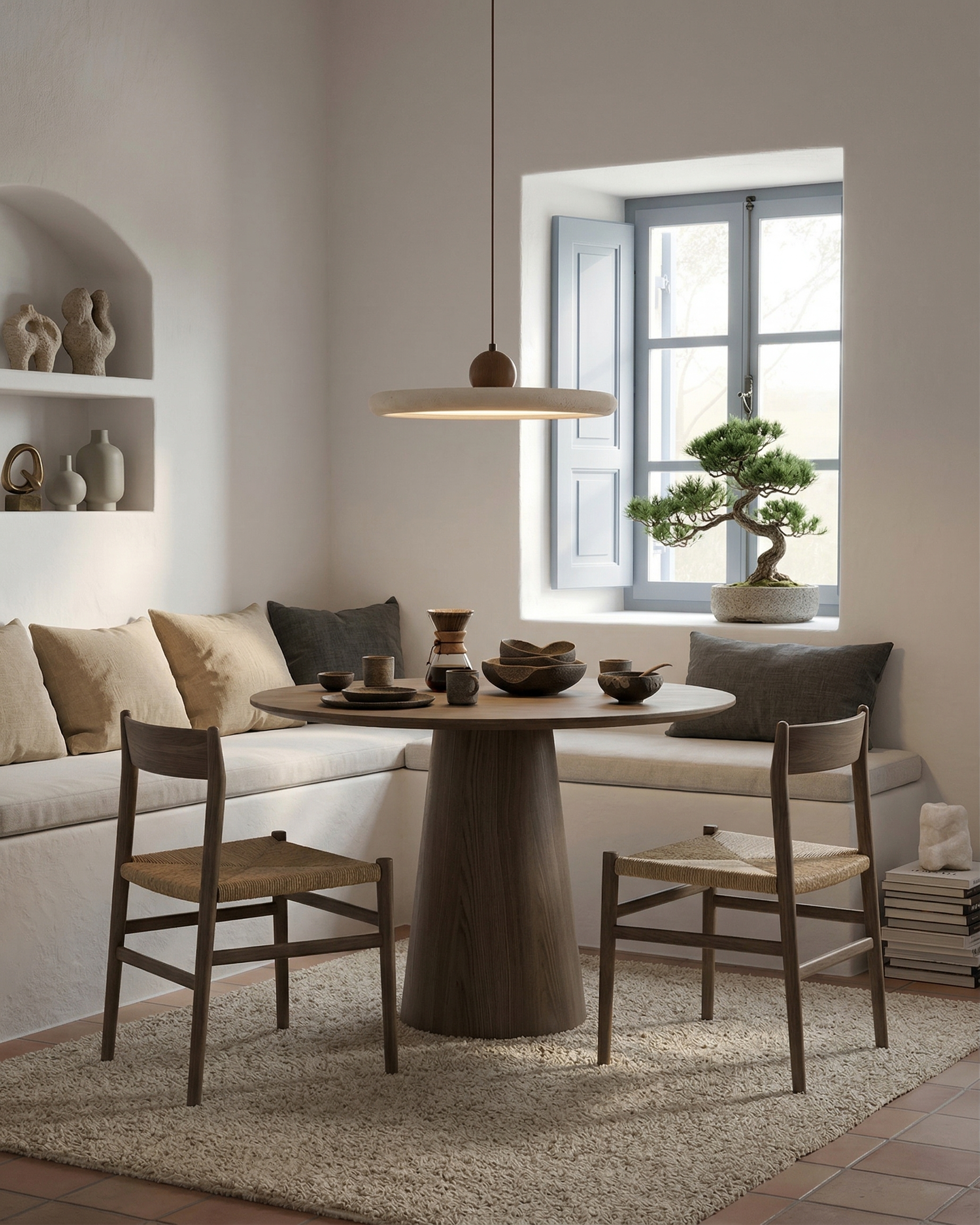 Pendant Lamp Minimalist with Round Travertine Shade and Wood Detail