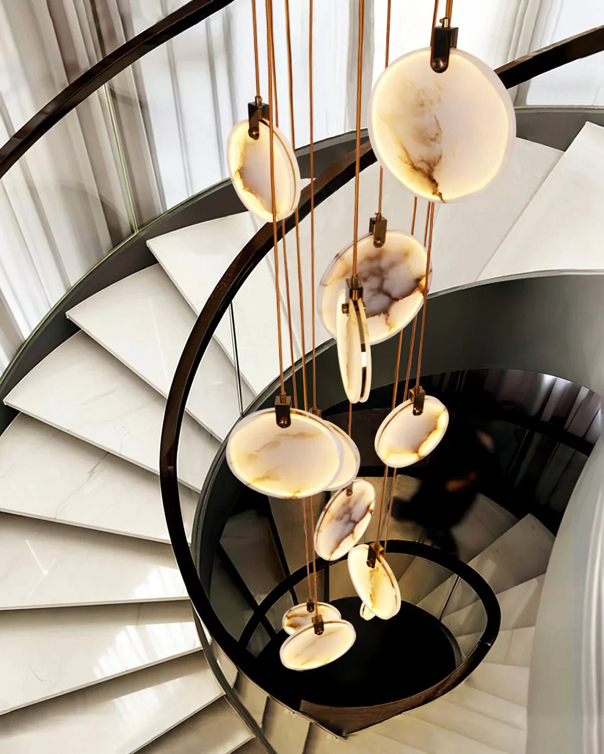 Pendant Lamp Modern Marble Disc Chandelier with Adjustable Height