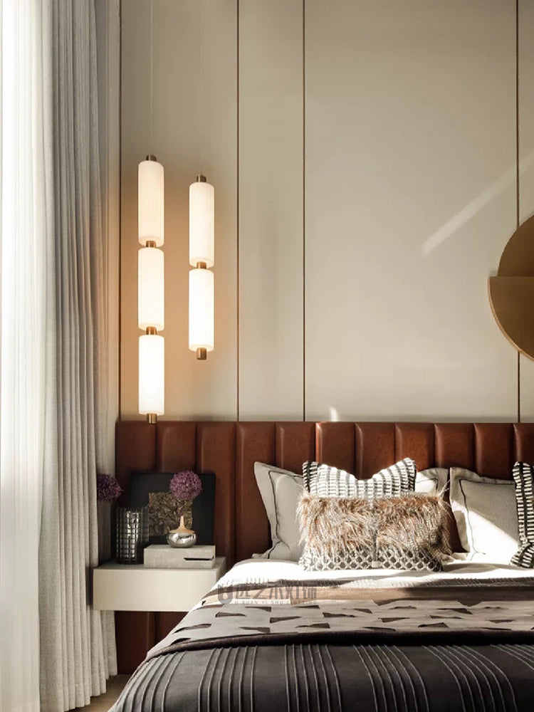 Pendant Lamp Modern Minimalist with Alabaster Cylinder Shades and Brass Fittings