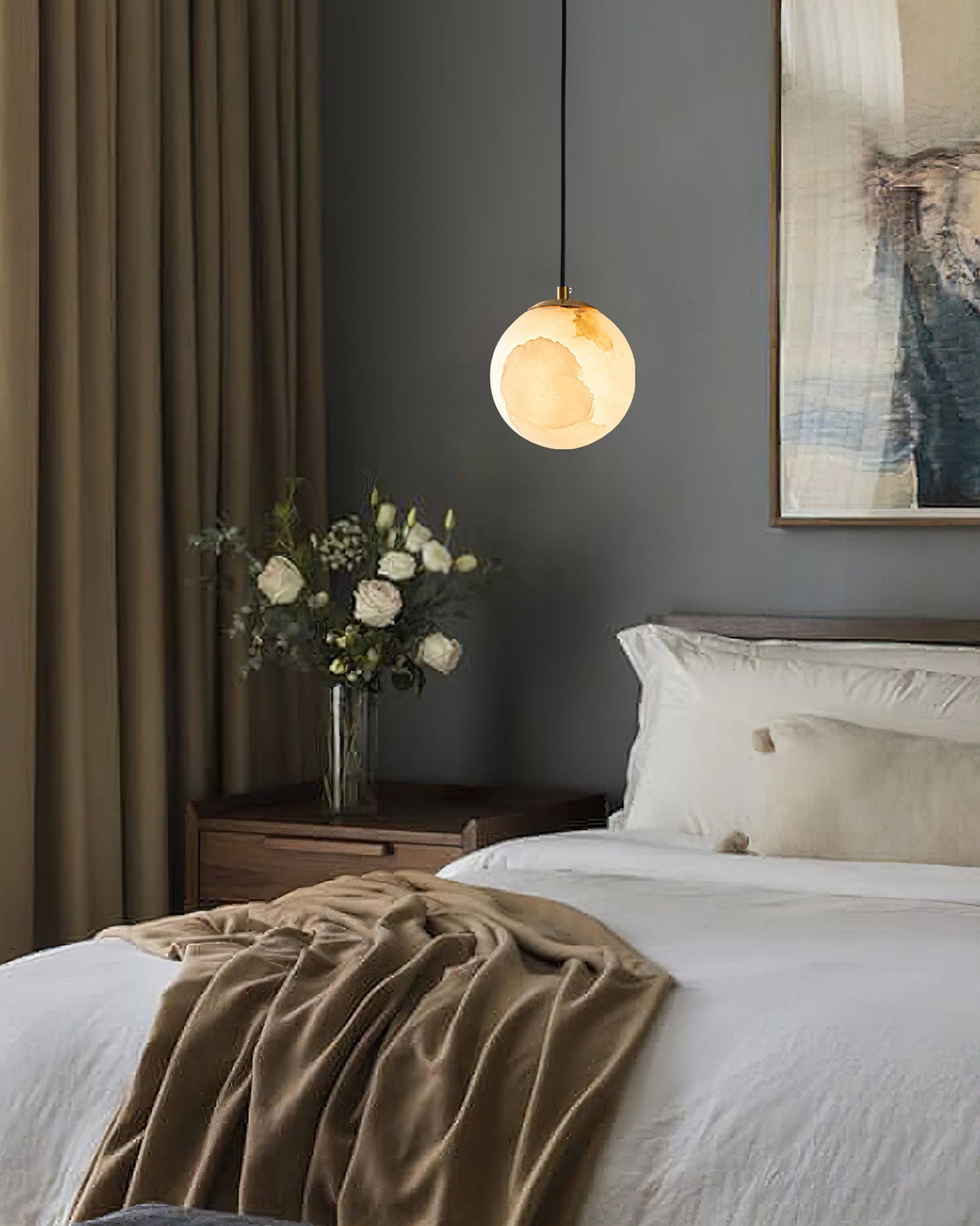 Pendant Lamp Modern Minimalist with Alabaster Globe Shade and Brass Fitting