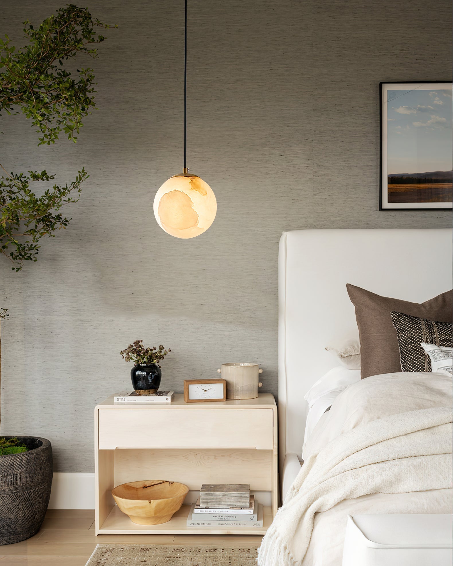 Pendant Lamp Modern Minimalist with Alabaster Globe Shade and Brass Fitting