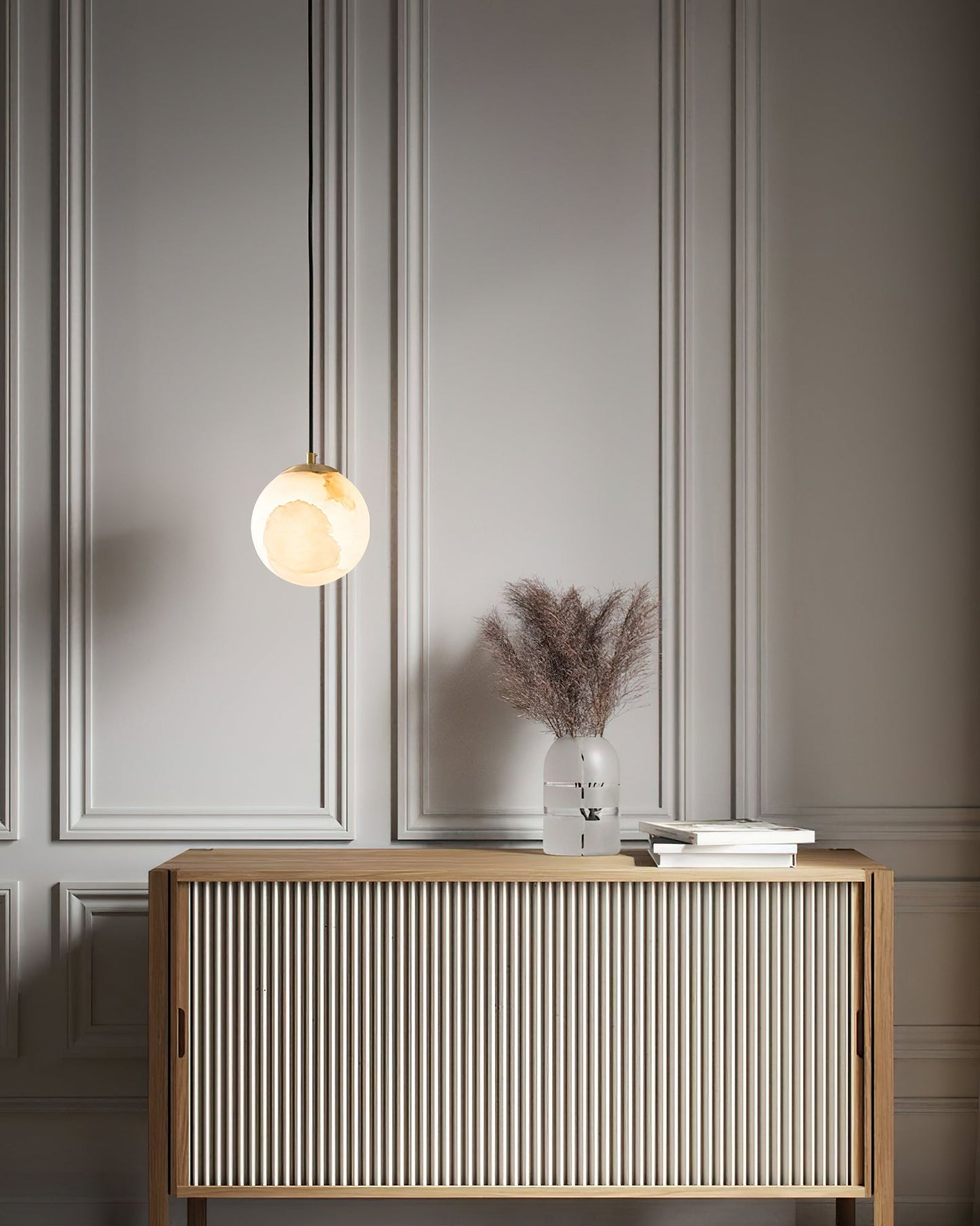 Pendant Lamp Modern Minimalist with Alabaster Globe Shade and Brass Fitting