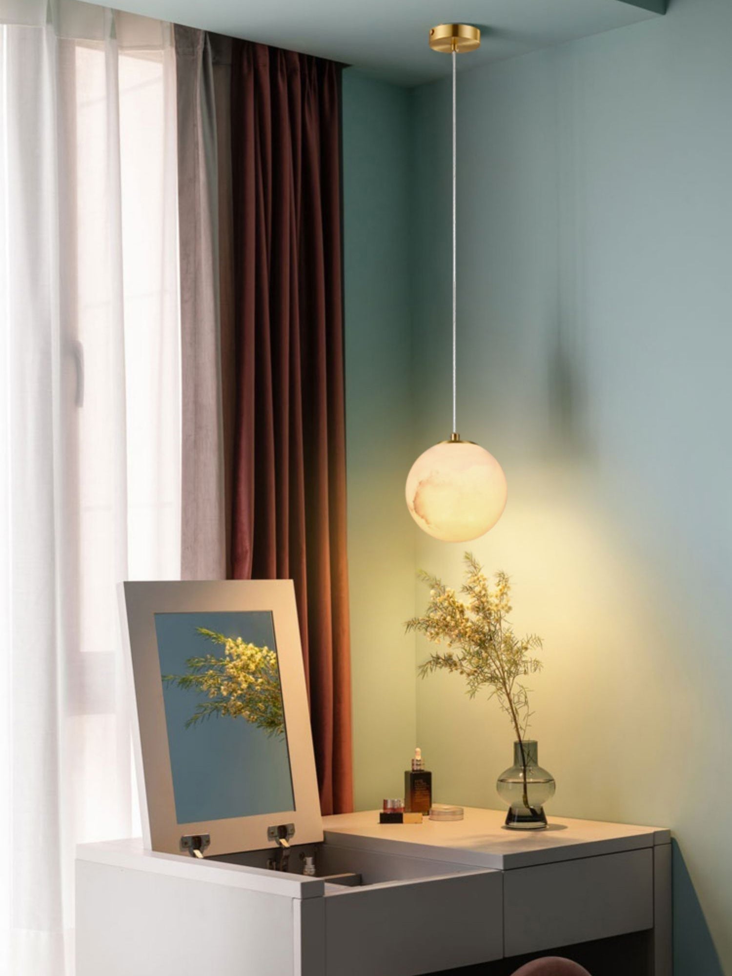 Pendant Lamp Modern Minimalist with Alabaster Globe Shade and Brass Fitting