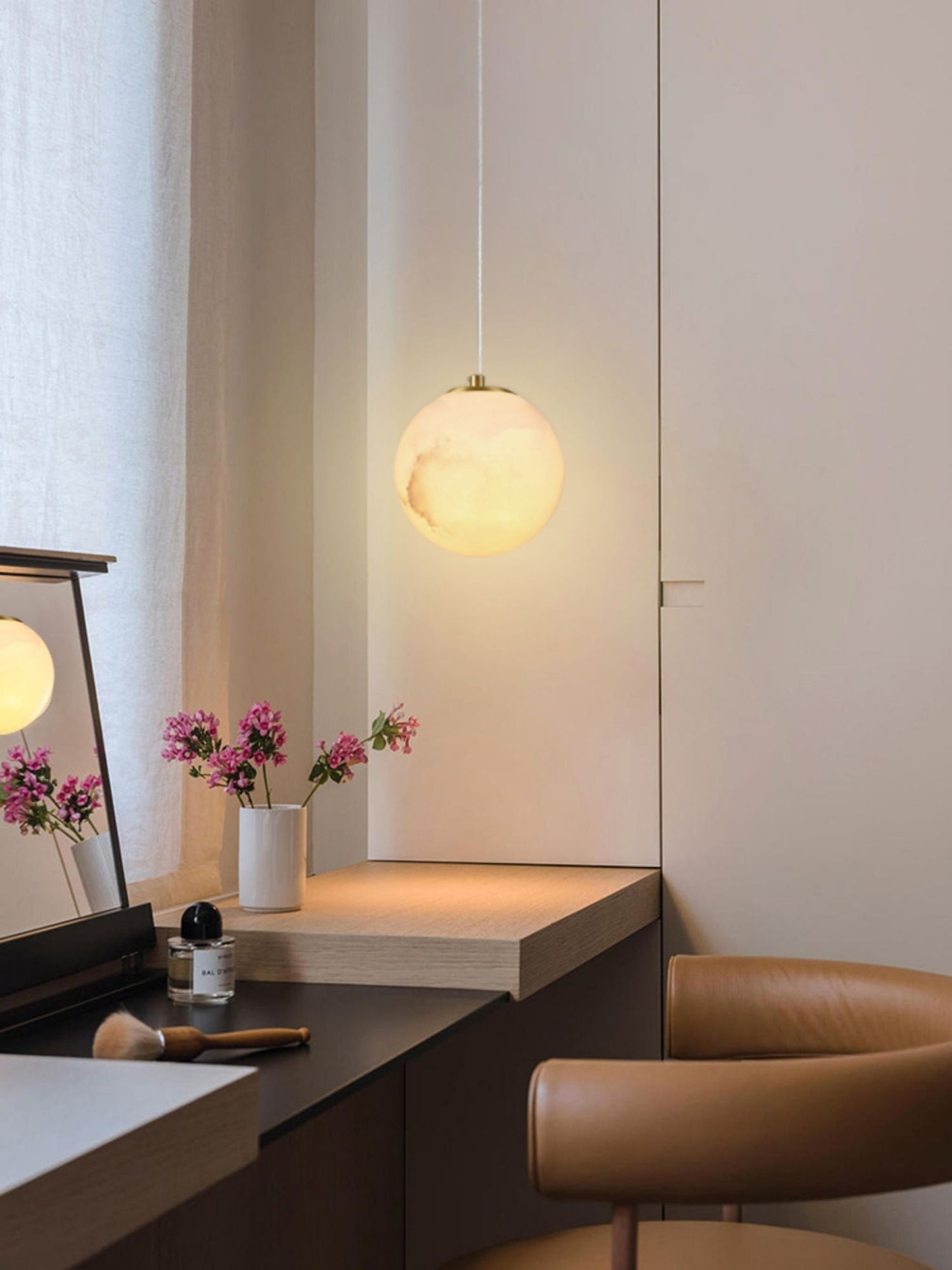 Pendant Lamp Modern Minimalist with Alabaster Globe Shade and Brass Fitting