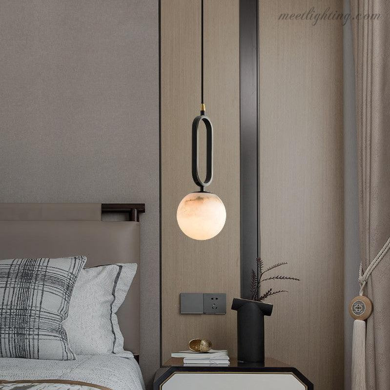 Pendant Lamp Modern with Alabaster Globe and Oval Ring Frame