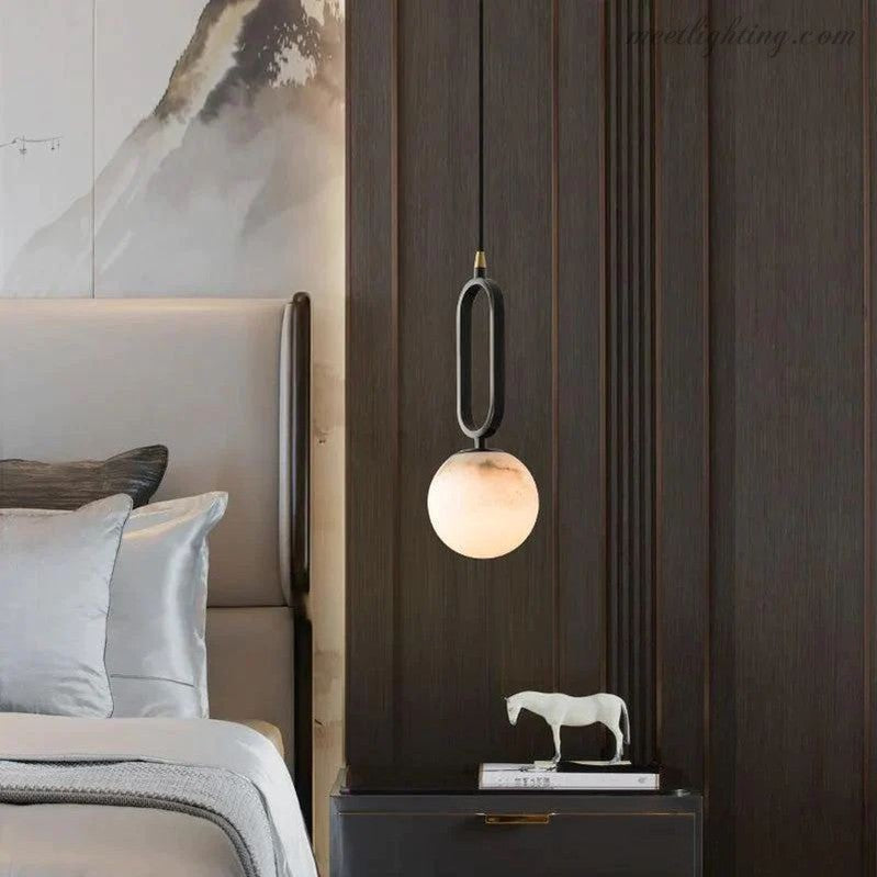 Pendant Lamp Modern with Alabaster Globe and Oval Ring Frame