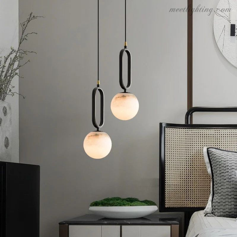 Pendant Lamp Modern with Alabaster Globe and Oval Ring Frame