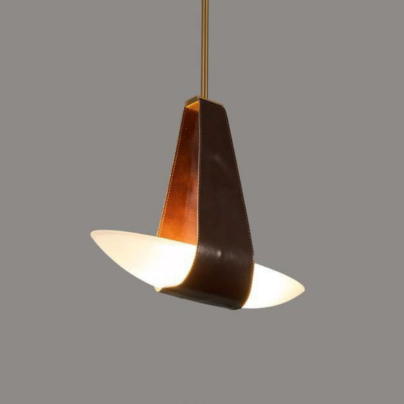 Pendant Lamp Modern with Sculptural Faux Leather Shade and Frosted Glass Bowl