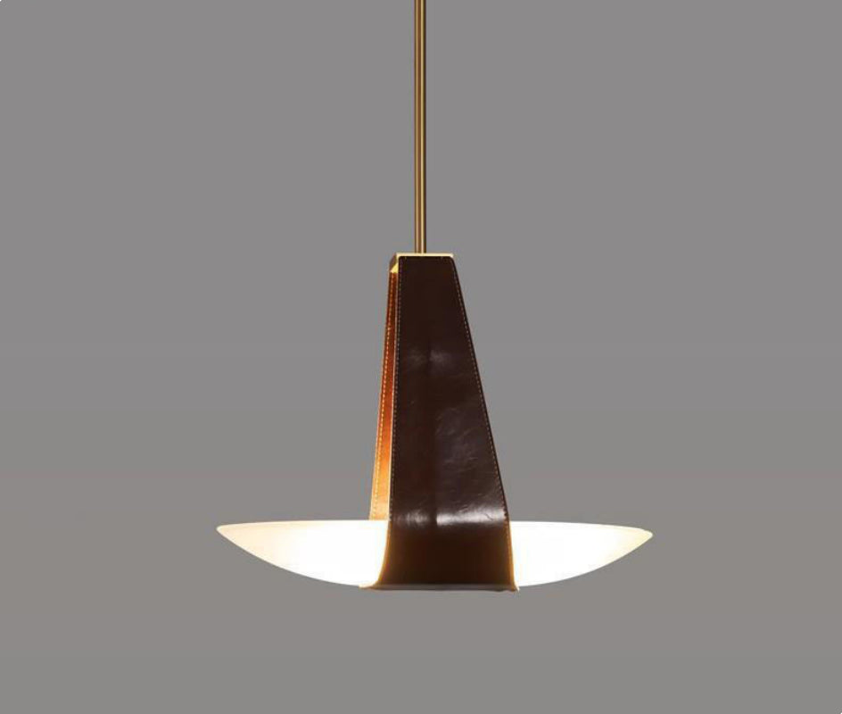 Pendant Lamp Modern with Sculptural Faux Leather Shade and Frosted Glass Bowl