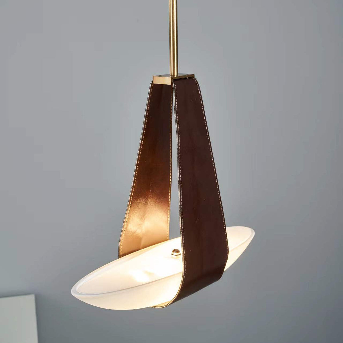 Pendant Lamp Modern with Sculptural Faux Leather Shade and Frosted Glass Bowl