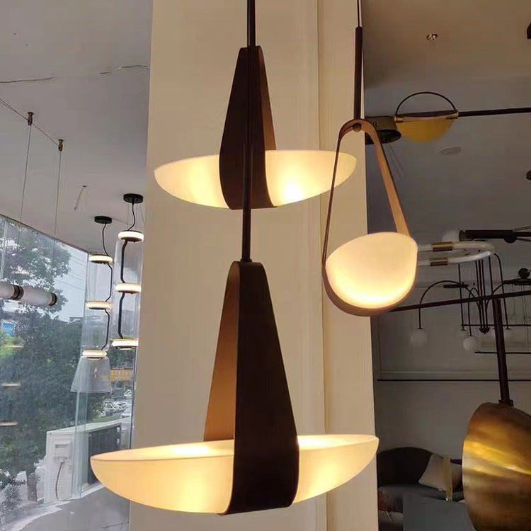 Pendant Lamp Modern with Sculptural Faux Leather Shade and Frosted Glass Bowl