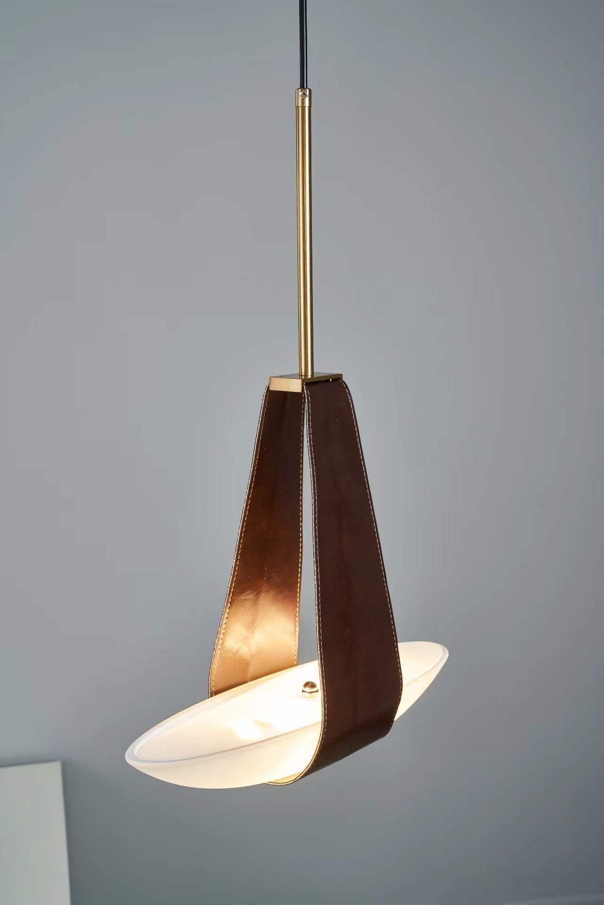 Pendant Lamp Modern with Sculptural Faux Leather Shade and Frosted Glass Bowl