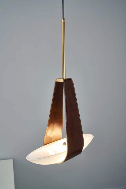 Pendant Lamp Modern with Sculptural Faux Leather Shade and Frosted Glass Bowl