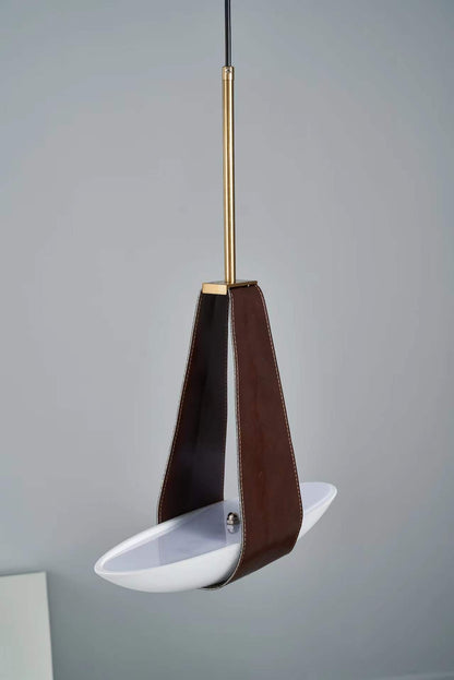 Pendant Lamp Modern with Sculptural Faux Leather Shade and Frosted Glass Bowl