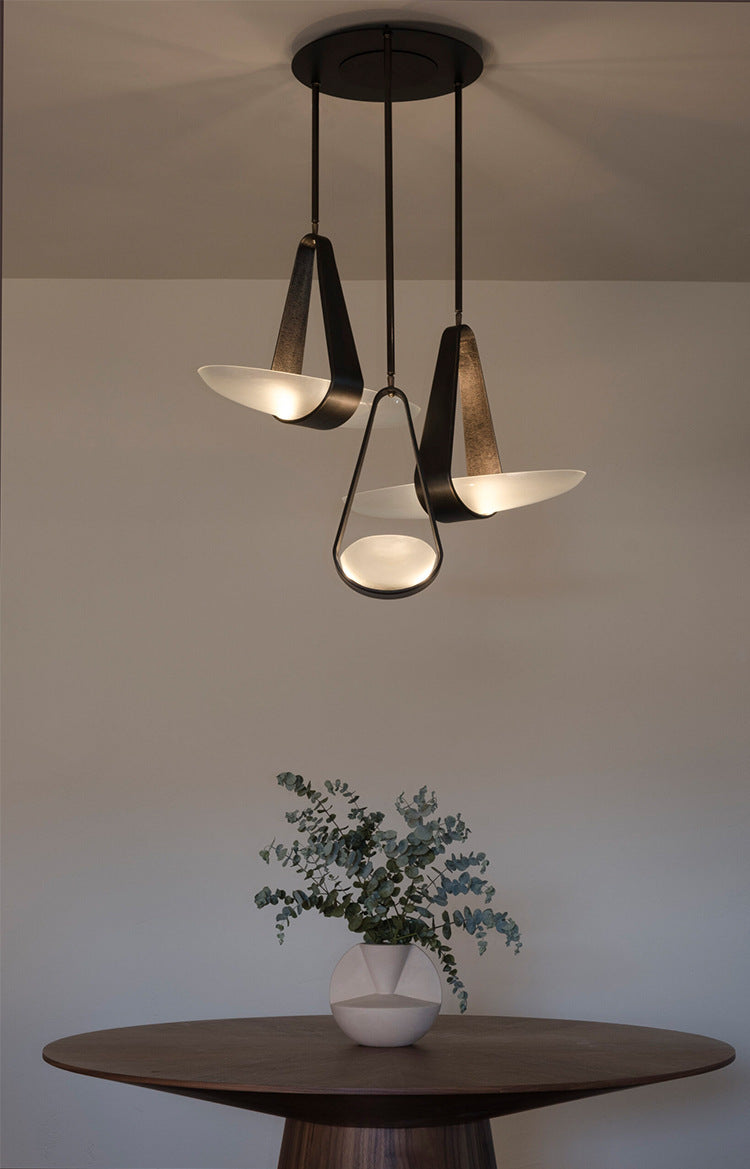 Pendant Lamp Modern with Sculptural Faux Leather Shade and Frosted Glass Bowl