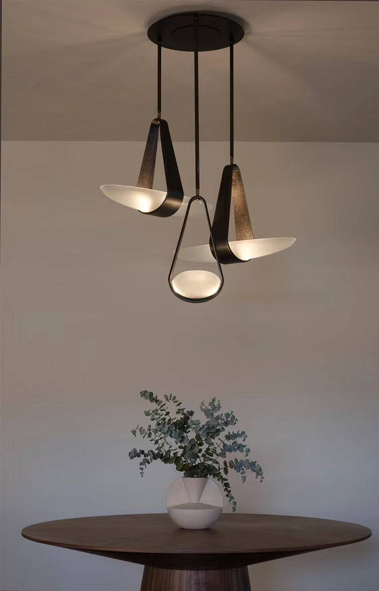 Pendant Lamp Modern with Sculptural Faux Leather Shade and Frosted Glass Bowl
