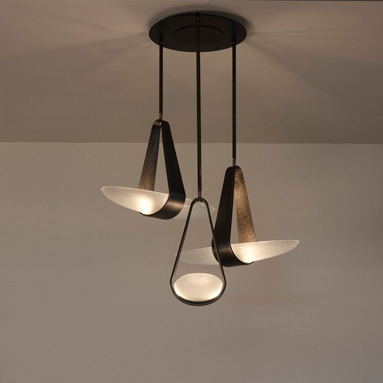Pendant Lamp Modern with Sculptural Faux Leather Shade and Frosted Glass Bowl