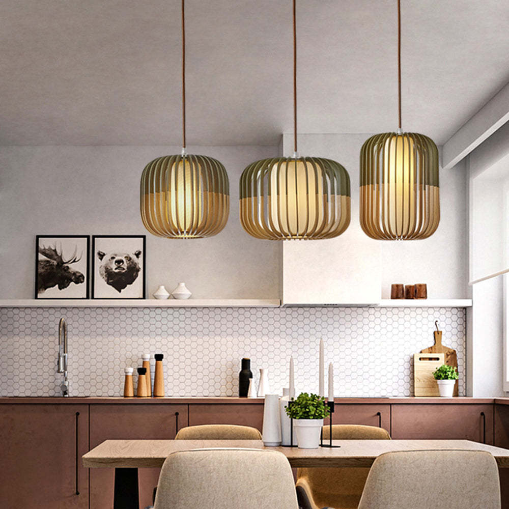 Pendant Lamp Scandinavian Birdcage Wood Shade with 3-Colour Bulb Included