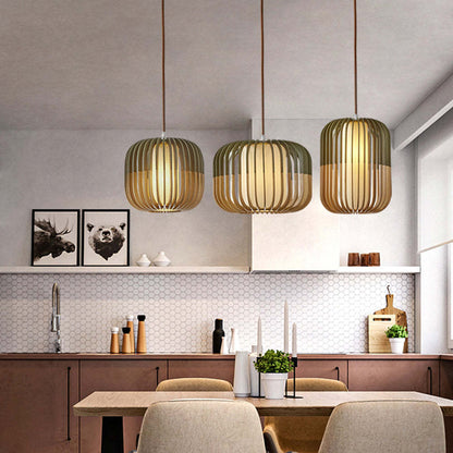 Pendant Lamp Scandinavian Birdcage Wood Shade with 3-Colour Bulb Included