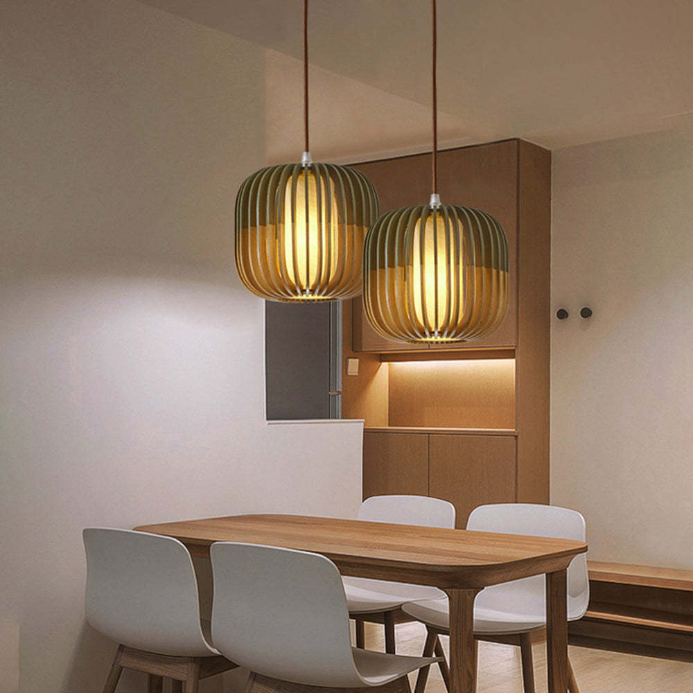 Pendant Lamp Scandinavian Birdcage Wood Shade with 3-Colour Bulb Included