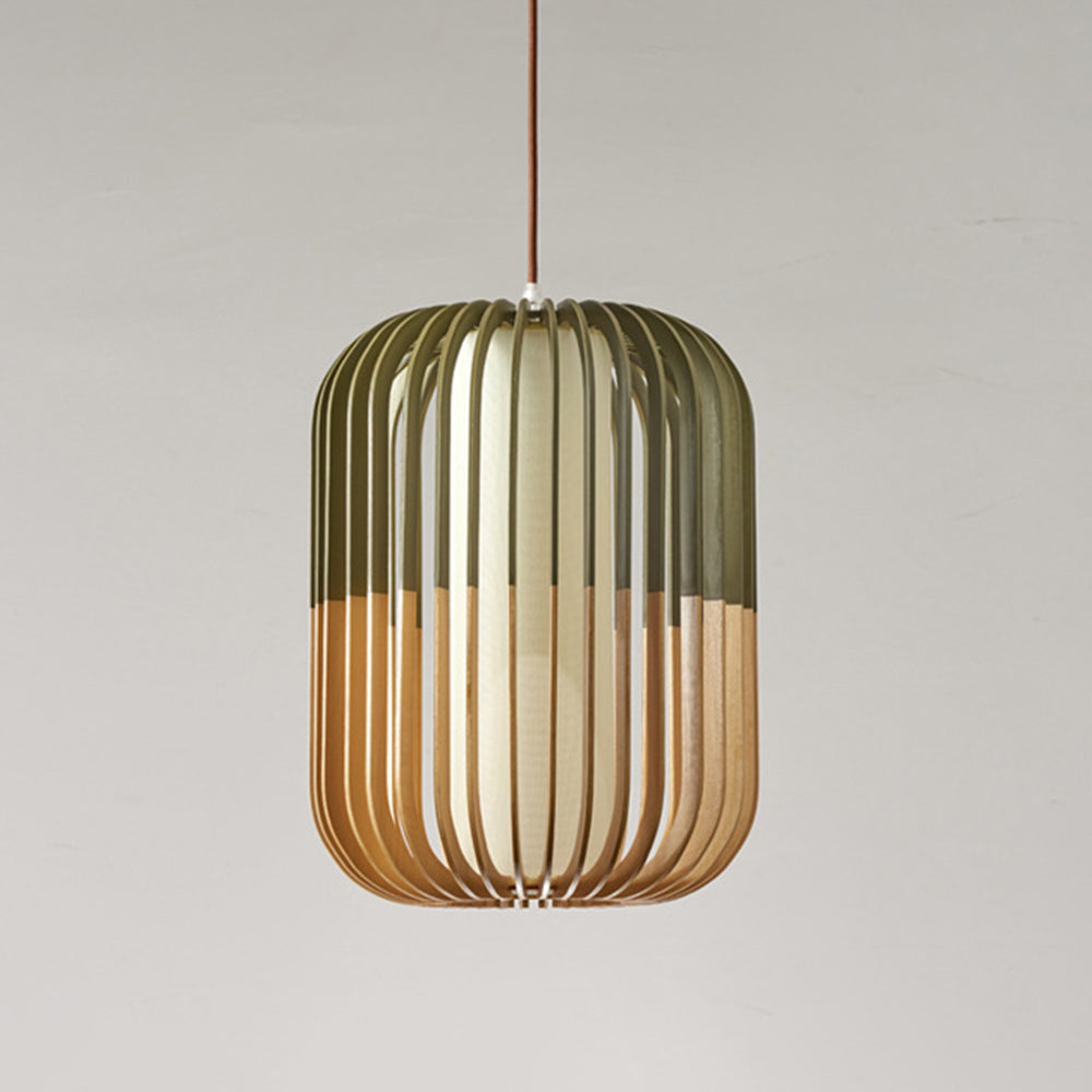 Pendant Lamp Scandinavian Birdcage Wood Shade with 3-Colour Bulb Included