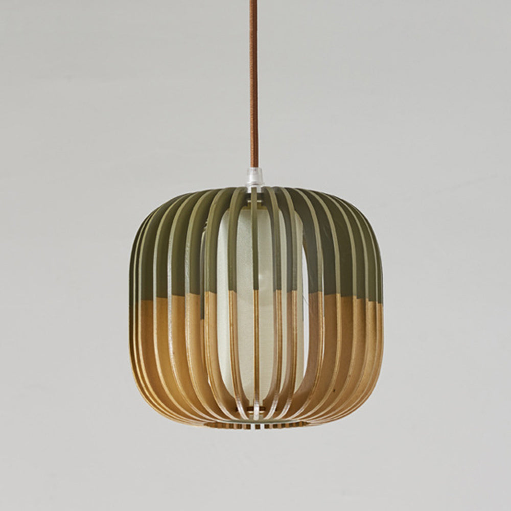 Pendant Lamp Scandinavian Birdcage Wood Shade with 3-Colour Bulb Included