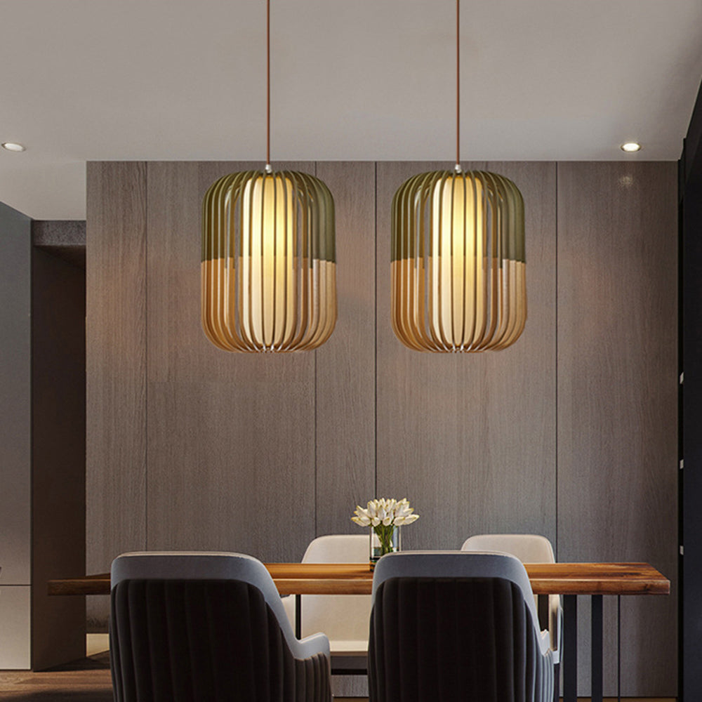 Pendant Lamp Scandinavian Birdcage Wood Shade with 3-Colour Bulb Included