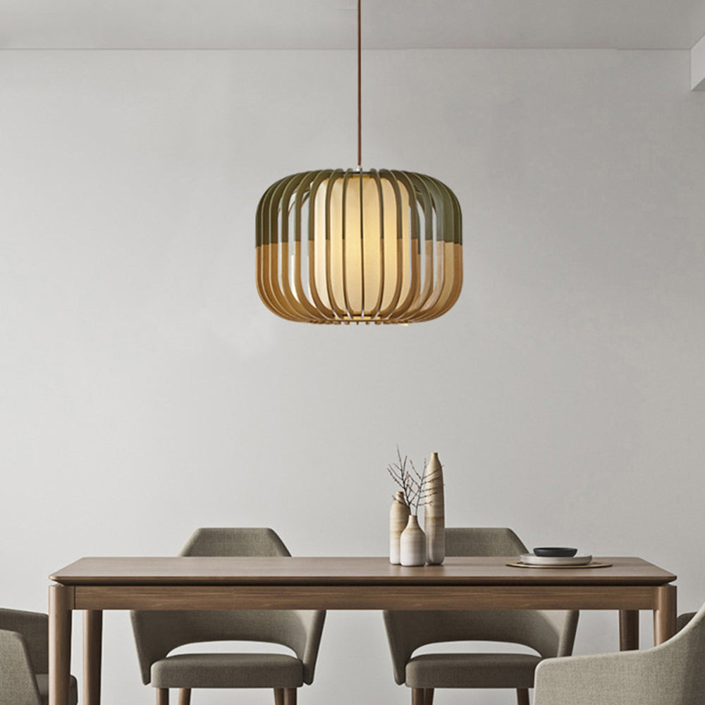 Pendant Lamp Scandinavian Birdcage Wood Shade with 3-Colour Bulb Included