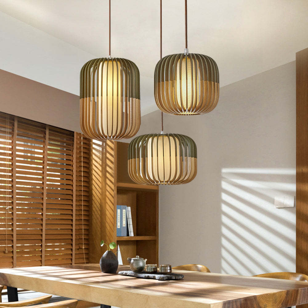 Pendant Lamp Scandinavian Birdcage Wood Shade with 3-Colour Bulb Included