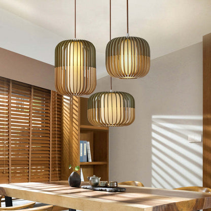 Pendant Lamp Scandinavian Birdcage Wood Shade with 3-Colour Bulb Included