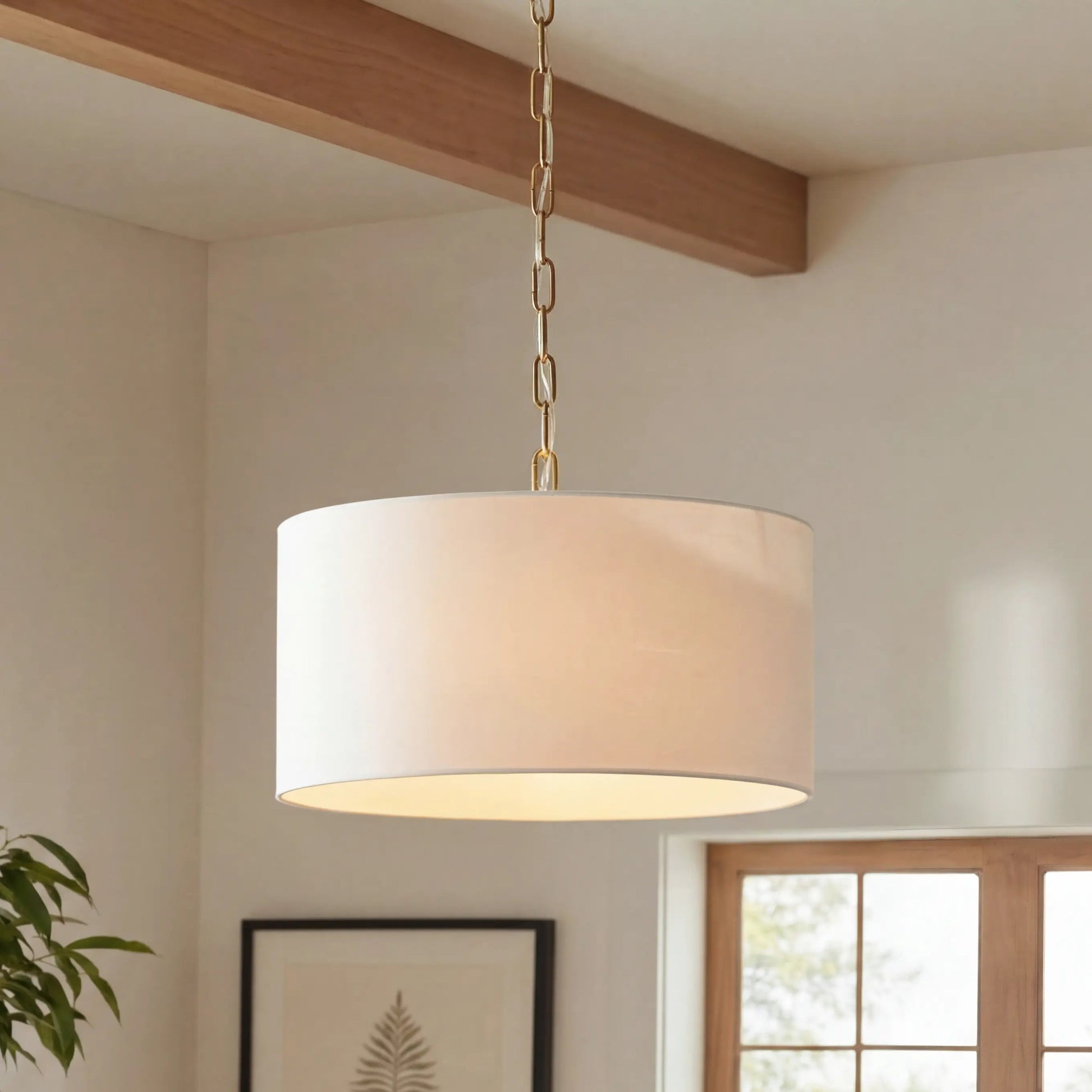 Pendant Lamp Scandinavian Farmhouse with Drum Shade and Chain Suspension
