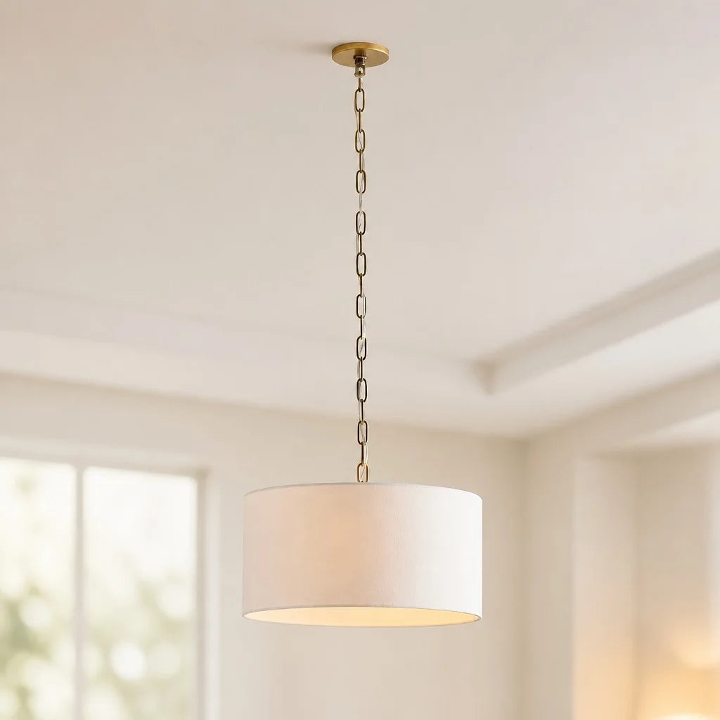 Pendant Lamp Scandinavian Farmhouse with Drum Shade and Chain Suspension